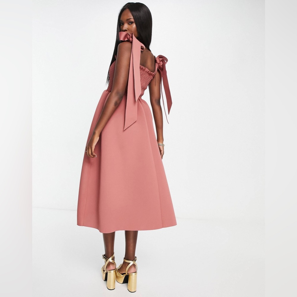 ASOS DESIGN shirred bunny tie prom midi dress in rose